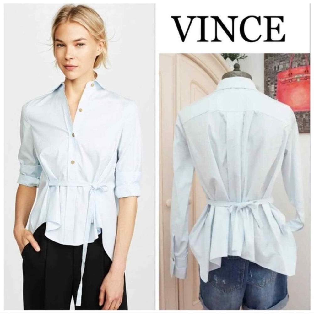 VINCE Pale‎ Blue Tie Front Cotton Long Sleeve Button Down Collared Blouse Size S